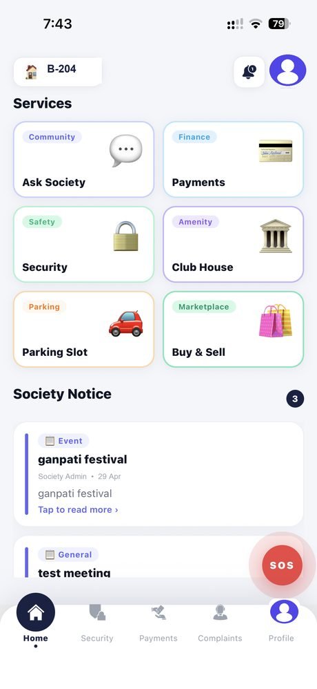 Services hub with community, payments, security, clubhouse, parking and marketplace
