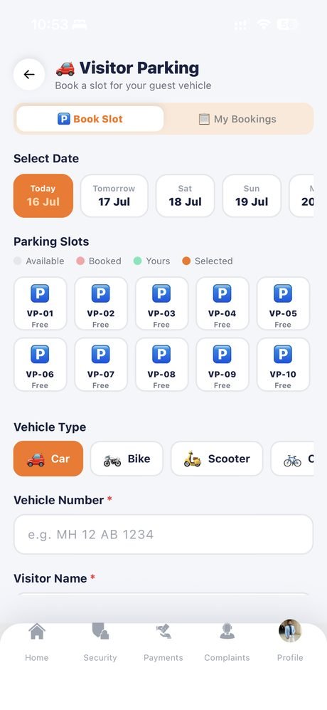Visitor parking slot booking screen